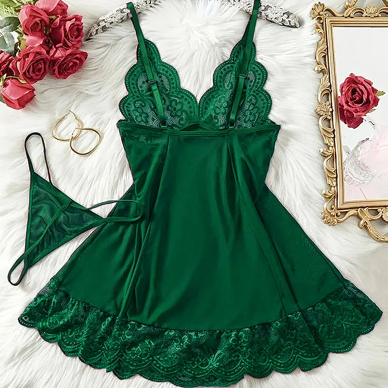NEW Arrivals 2PCS Set S-2XL G-String Nightgown Set For Sexy Woman Summer Night Dress Ultra-Thin See-Through Pajamas Sets Lace Sleepwear Suspender Lingerie Ladies Sexy Nightdress Suit