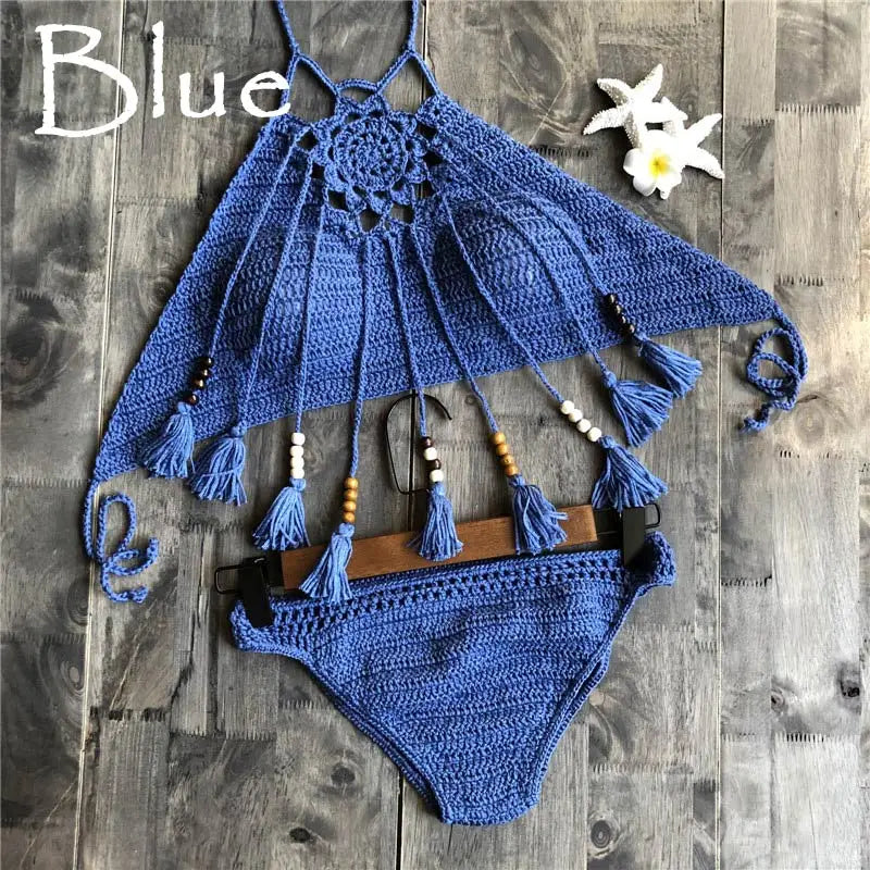 NEW Arrivals 7 Colors Handmade Women Knitted Swimwear Sexy Bikini 2PCS Set Swimsuit Female Push Up Brazilian Biquini Bathing Suit Thong Bather Bikini Set Girls Ladies Beachwear