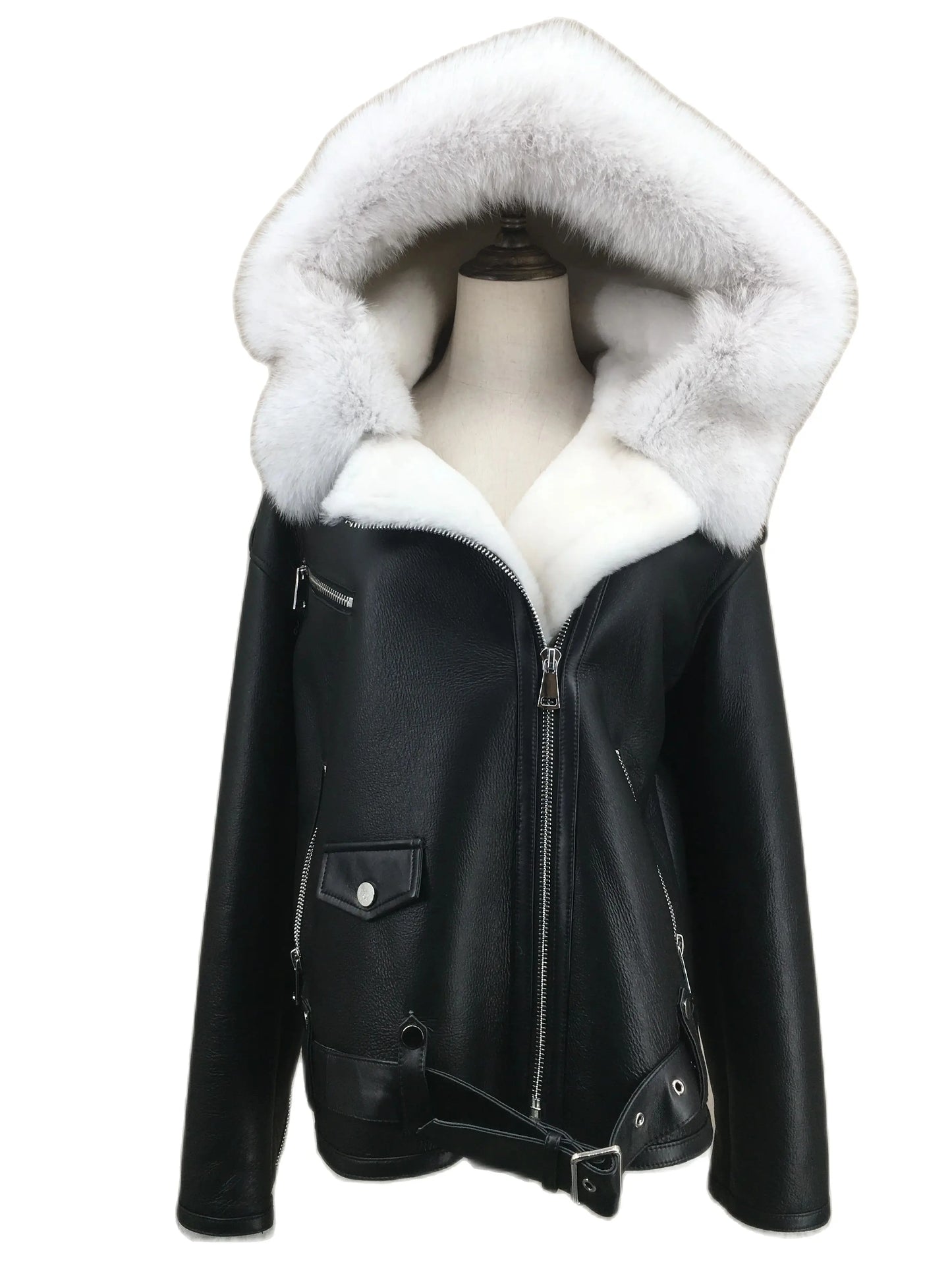 Women Sheep Leather One Fur Coat Parka Jacket Lining With Fox Fur Hood Trimming Warm Locomotive Suit Biker Jacket