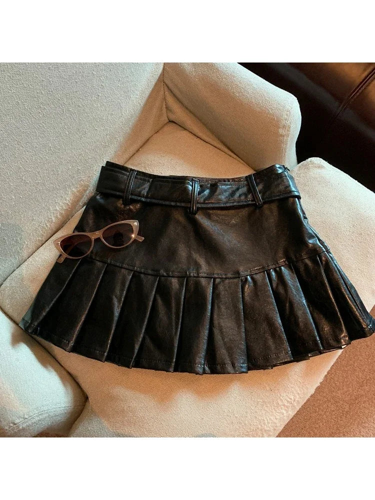NEW Arrivals Women Black/Coffee Leather Skirt Harajuku Japanese Y2K Vintage Pleated Skirt 90s Aesthetic A-Line Mini Skirt Emo 2000s Punk Clothes Girls Sexy Casual Fashion Clothing Supplies