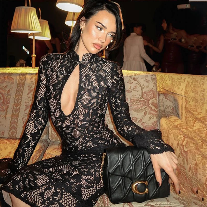 NEW Arrivals UK Size Lace Maxi Dresses For Women Fashion Sexy Solid Streetwear Long Sleeves O-Neck Hollow Out Slim Fit See Through Midi Dress