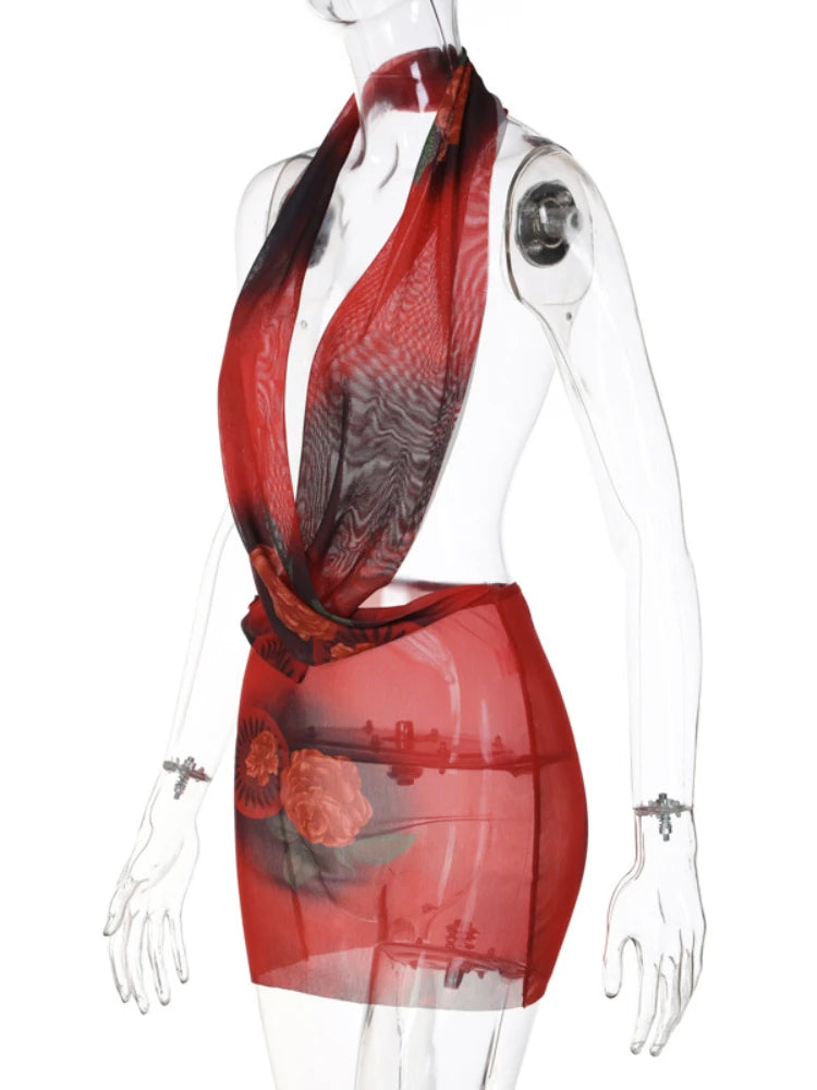 NEW Arrivals Sexy Retro Floral See-through Mesh Deep V Halter Red Mini Dress Women Backless Skinny Dress Elegant Evening Beach Night Club Party Girls Sexy Fashion Apparel Supplies