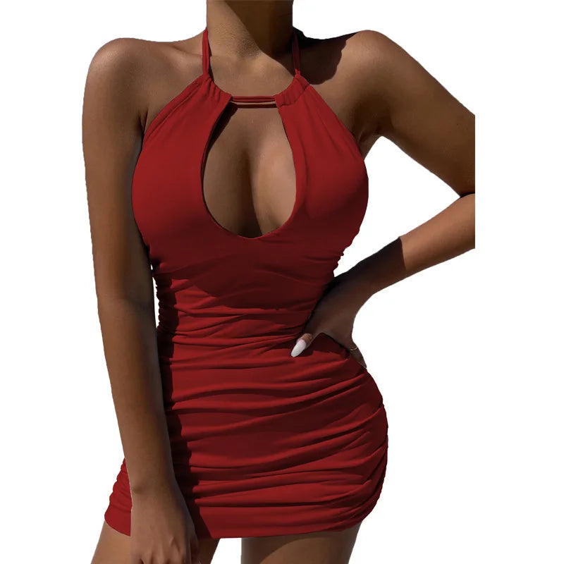 NEW Arrivals S-2XL 6 Colors Hollow Out Pleated Halter Mini Dress Casual Slim Fashion New Backless Women Sexy Bodycon Dress Elegant Summer Beach Bar Party Night Clubwear Dresses