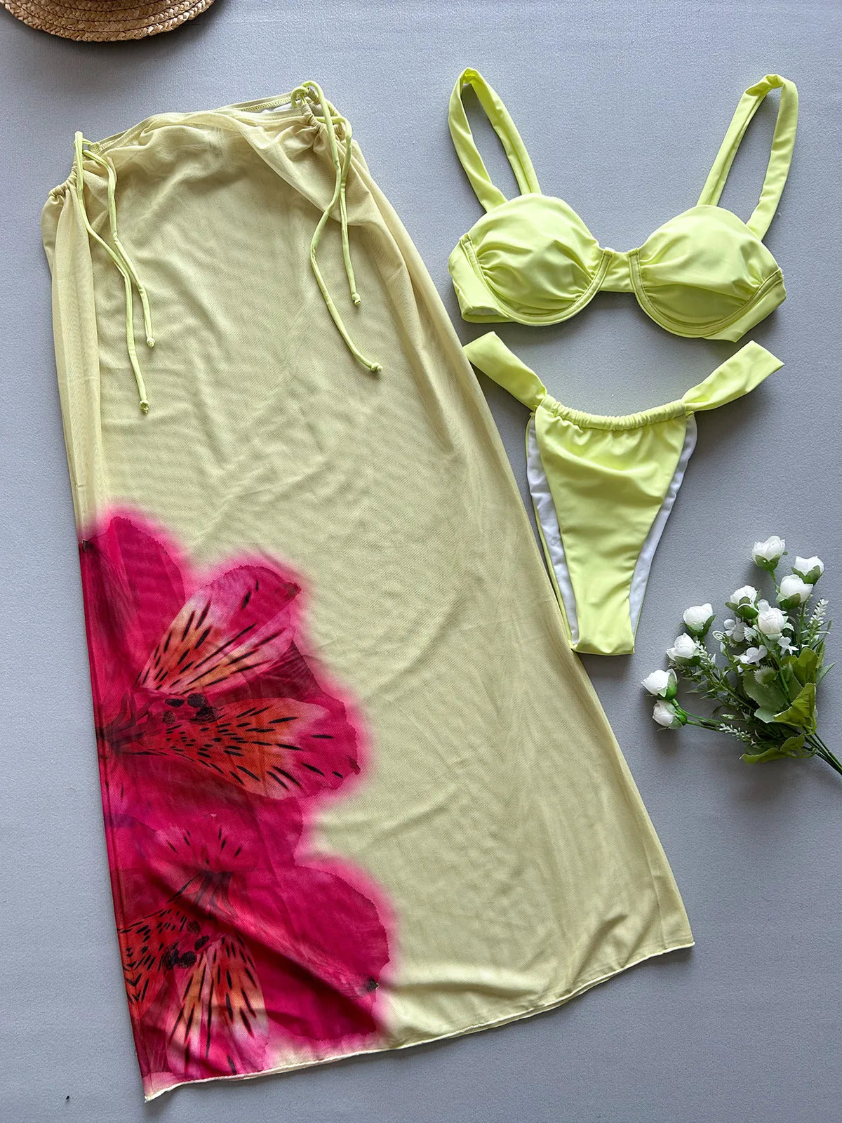 NEW Arrivals 3 PCS Set UK Size Sexy Swimwear Bikinis Women Swimwear Female Long Dress Cover-Up Bikini Set Beachwear Bathing Suit Ladies Sexy Swimming Suit
