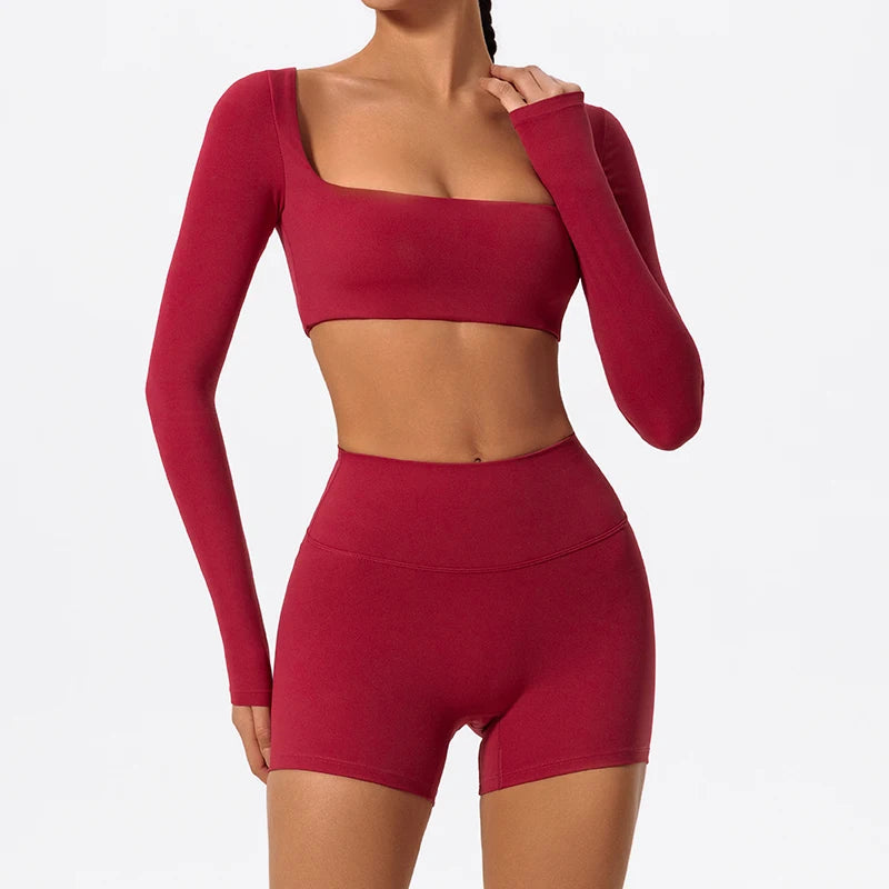 NEW Arrivals S-XL 7 Colors Quick Dry Square Neck Activewear Women Gym Top Women Fitness Sports Crop Top Female Casual Long Sleeve Yoga Clothes