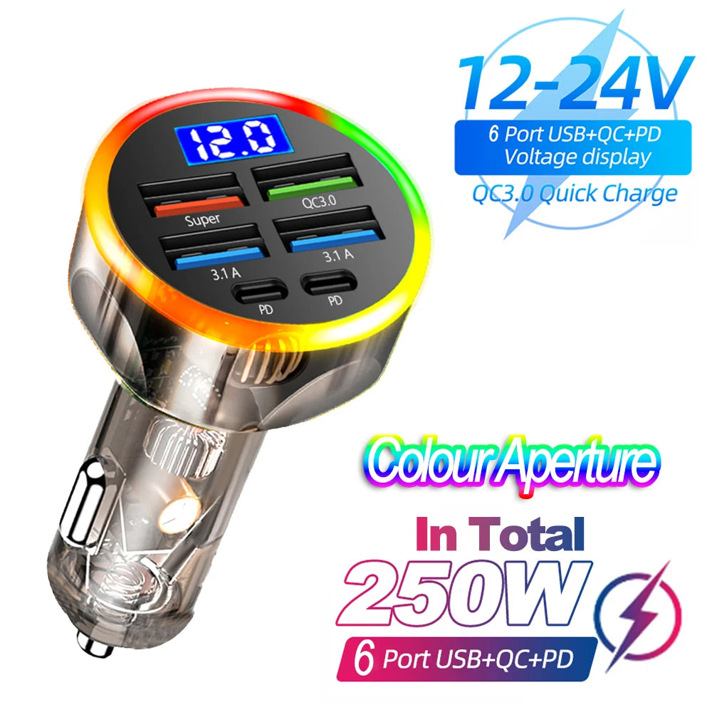 NEW Arrivals 250W 6 Ports PD Car Charger QC3.0 Fast Charge One to Six Car Cigarette Lighter Plug Car Charger Flash Charge with Digital Display