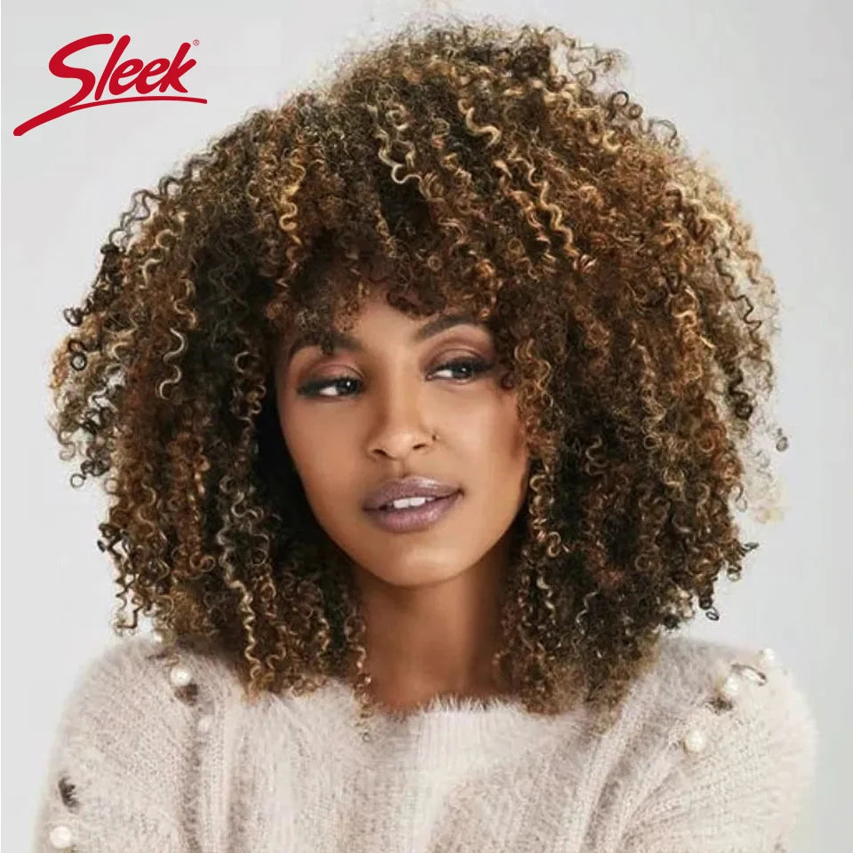 NEW Original Brazilian Sleek T1b/30 Afro Kinky Curly Human Hair Bob Wigs Brazilian Highlight P4/27 Remy Hair With Bang 250% Density Brown 6# Human Natural Hair