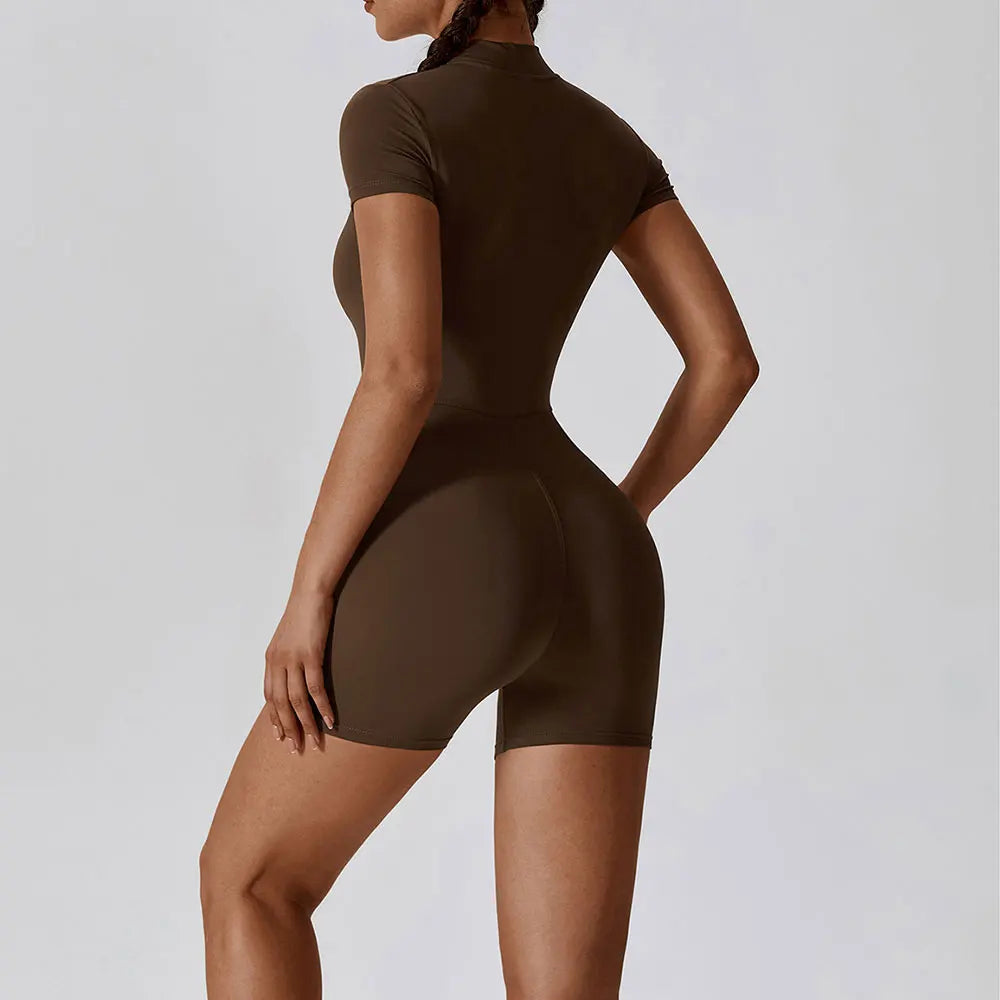 NEW Arrivals 4 Colors Summer Zipper Short Sleeve Yoga Bodysuit Women's Jumpsuits Yoga Set Gym Clothes Push-up Workout Tracksuit Dance Fitness Bodysuit