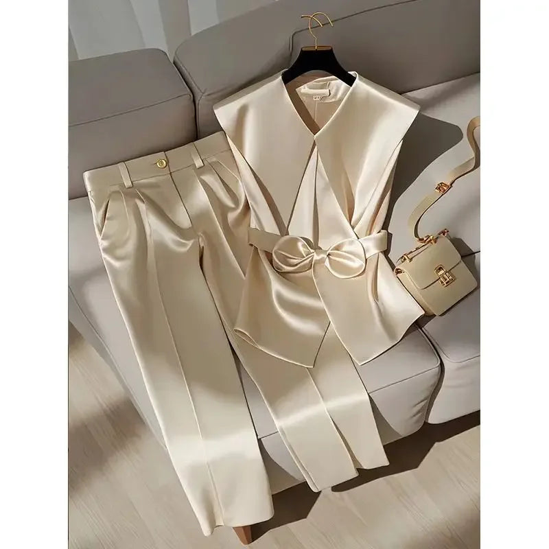NEW 2PCS Set S-XL Italian Fashion Women Satin Celebrity Outfits Elegant OL Peter Pan Collar Bow Sleeveless Vest + High Waist Wide Leg Pants Ladies Business Trip Office Lady Formal Luxury Fashion Clothing Supplies