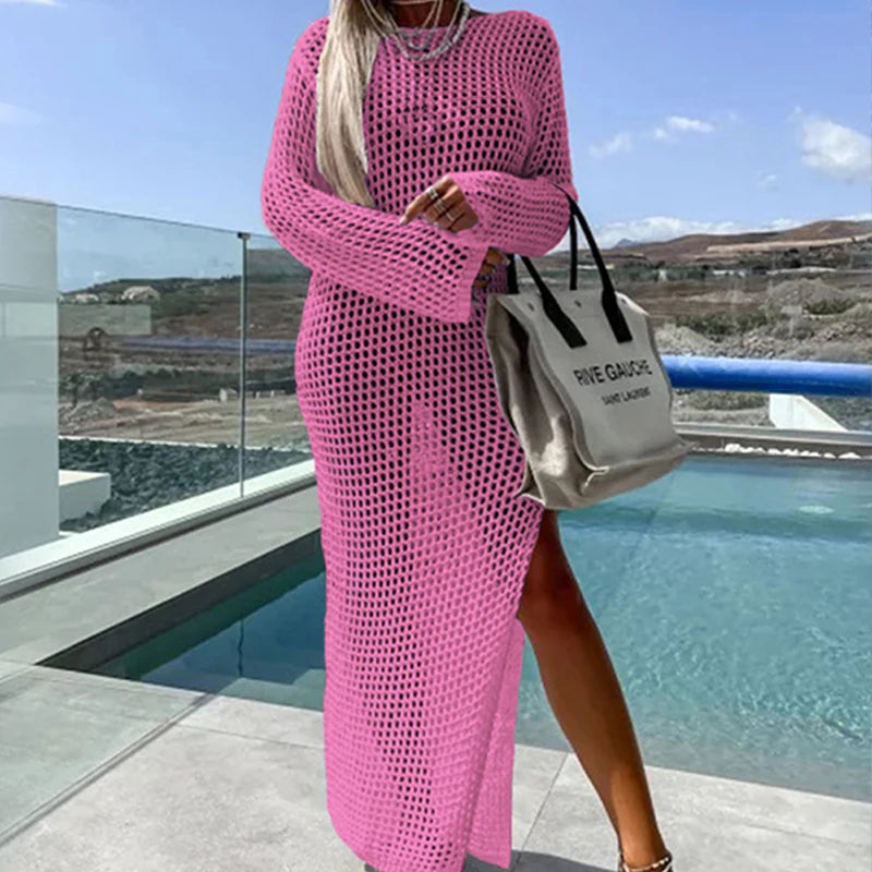 NEW 5 Colors Beach Rave Party Sexy Perspective Handmade Knit Round Collar Long-Sleeve Lacing Solid Bikini Swimsuit Cover Up Long Split Dress See Through Bikini Swimwear Sexy Cover Up Dress