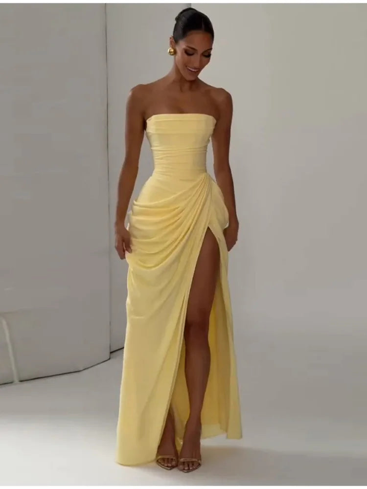 7 Colors Elegant Strapless Women's Dresses Sleeveless Waist Cinching Pleated Split Party Dress Spring Summer Evening Party Trendy Female Fashion