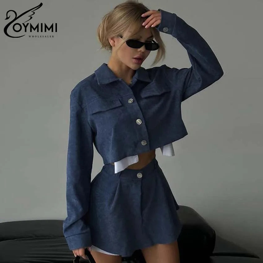 BRAND NEW 2PCS Set Blue/Gray/Black Color Patchwork Women Spring Outfit Elegant Long Sleeve Button Crop Tops And High Waisted Mini Skirts Sets