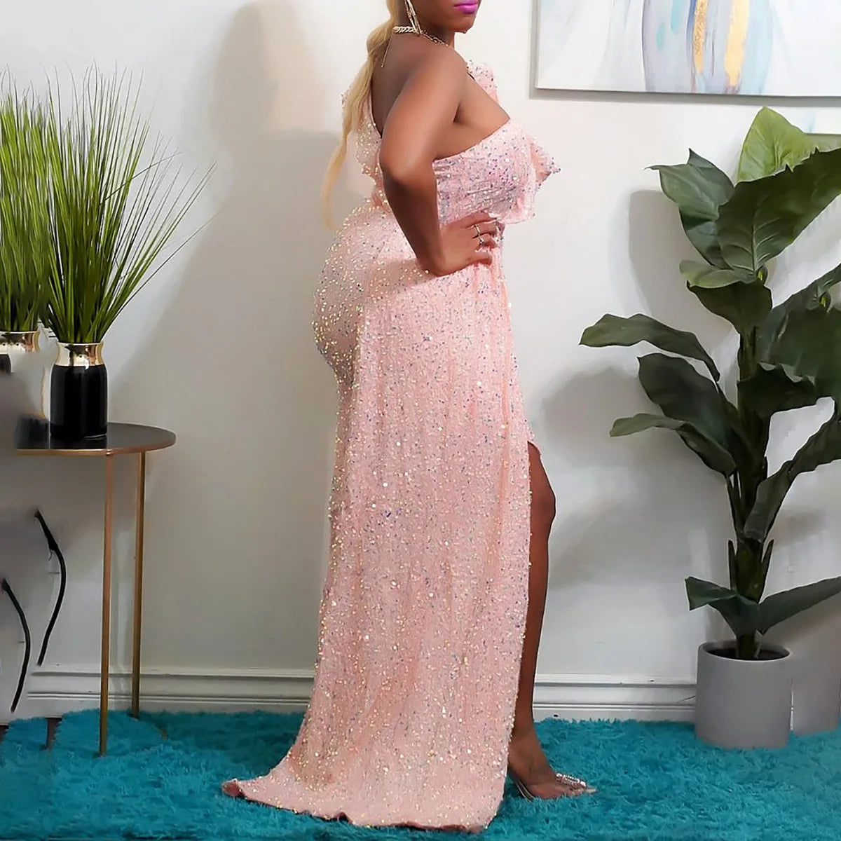 NEW Arrivals S-4XL Plus Size 7 Colors Women One Shoulder Sequin Slim High Waist Dress Autumn Winter Spring Evening Party Dress Women Sexy Ruffle Elegant Party Formal Dress