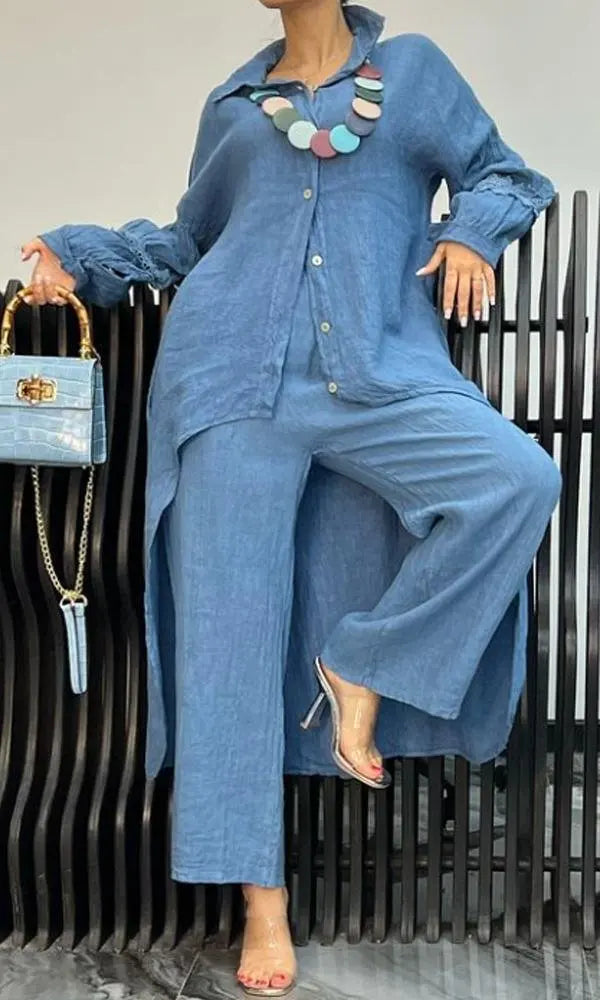NEW Arrivals 2PCS Set S-3XL UK Size 7 Colors Chubby Lady Clothes Elegant Cuff Shirt Elastic Waist Trousers Set For Women Stylish Button-Down Blouse With Irregular Hem Spring Autumn Summer Outfits