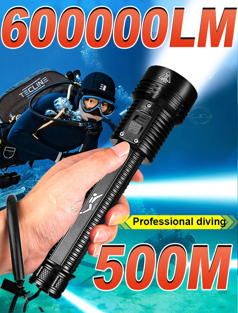 NEW Arrivals Top Quality 600000LM LED Scuba Dive Flashlight Super Bright Professional Diving 500M Underwater Lantern IPX8 Waterproof Fishing Flash Light Water Sports Supplies
