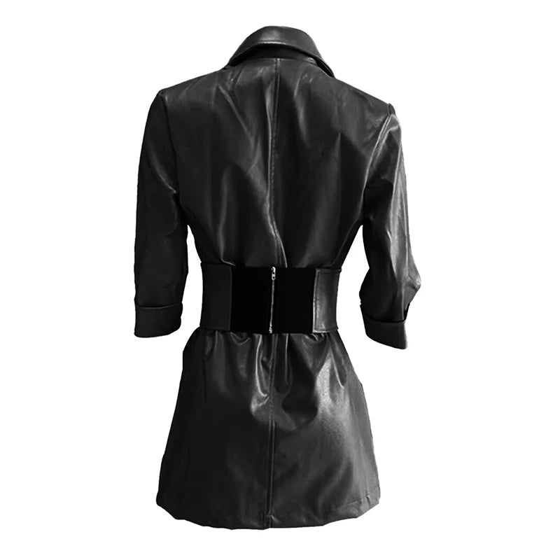 NEW Arrivals Luxury Italian Fashion Leather Women's Dress Sexy V Neck Leather Mid Length PU Leather Waist Closure Dresses Trend Turn Down Dress With Belt Ladies Luxury Fashion Clothing Supplies