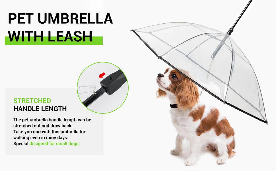 NEW Arrivals Dog Umbrella with Leash for Small Large Pets, Outdoor Walking Hiking Umbrella for Dogs Fits 20” Back Length Pets, J-Shape Handle, Clear Umbrella Surface Pets Accessories