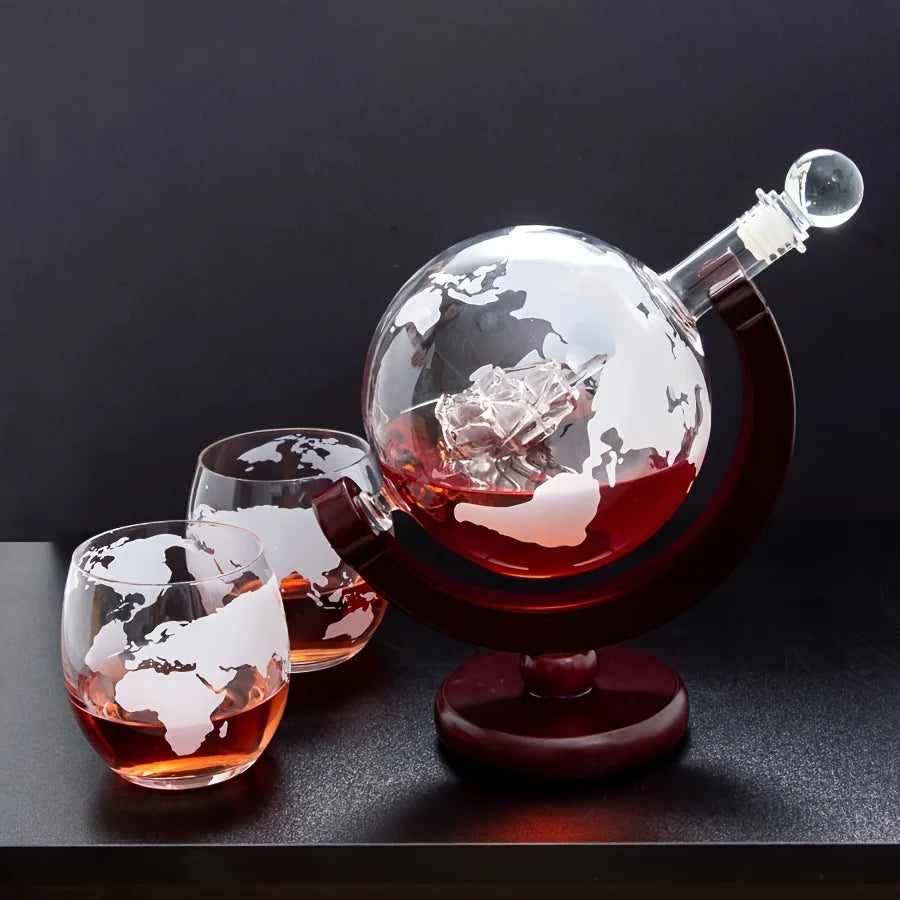 NEW Arrivals Wine Whiskey Decanter Set Globe Wine Aerator Glass Sets Inside Pure Crystal with Fine Wood Stand Liquor Decanter for Vodka Cup Bar Accessories