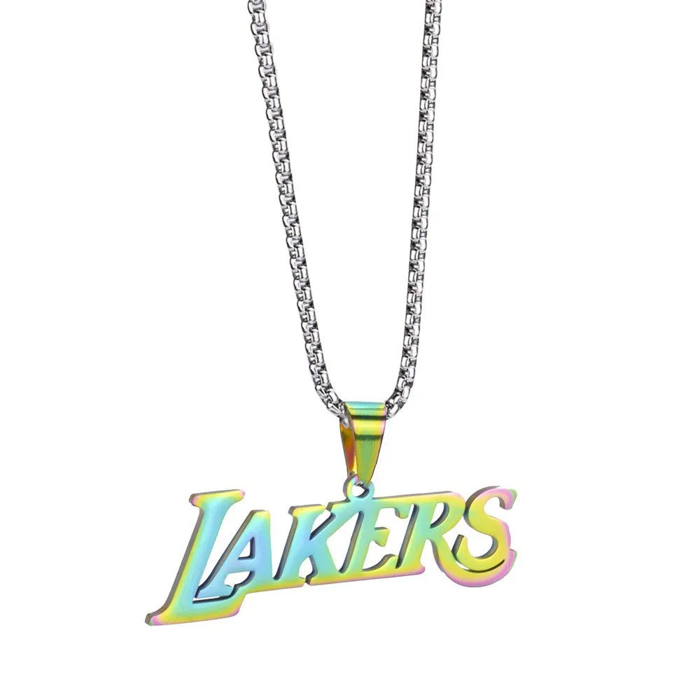 LAKERS Commemorative Logo Silver and Colorful Pendant Necklace, Titanium Steel Unisex Jewelry for Basketball Super Fans