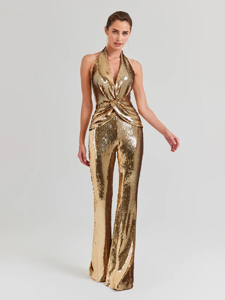 NEW Arrivals Women's Sleeveless Gold Sequin Jumpsuit Sexy V Neck Sparkle Sequined High Waist Wide Leg Pants Jumpsuit Celebrity Evening Party Ladies Luxury Fashion Clothing Supplies