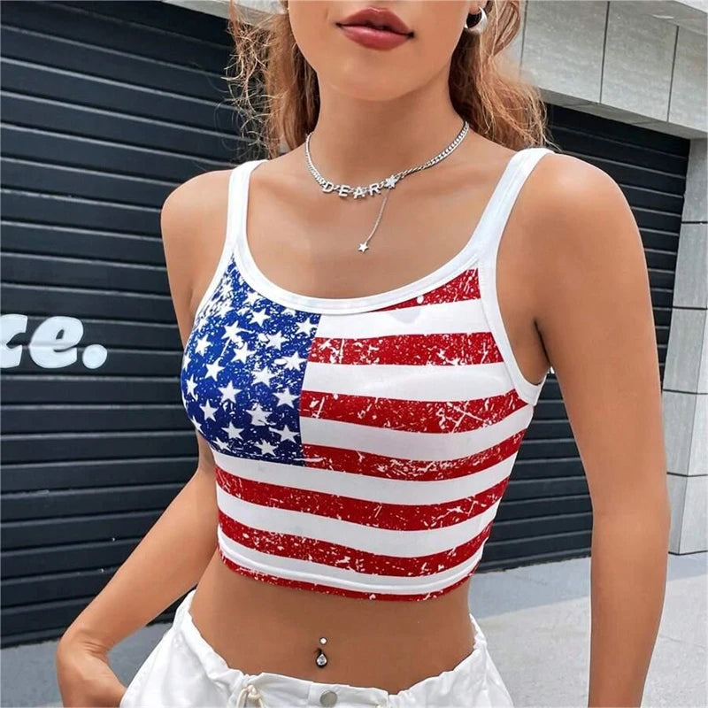 New Arrivals USA Flag Crop Top Sexy Backless Tank Slim Women's Mini Vest Summer Y2k Clothes Short White Camisole E-Girls