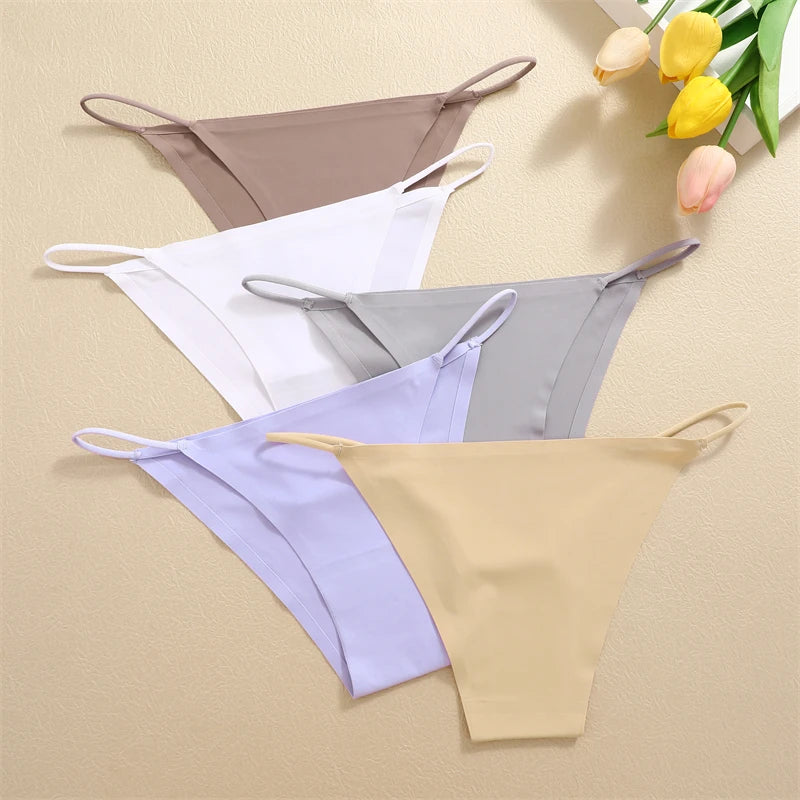 NEW Arrivals 6PCS Set 4 Colors Ice Silk Seamless Thongs Women Bikini G-String Panties Solid Color Dopamine Color Underwear Ultra Thin Breathable Lingerie