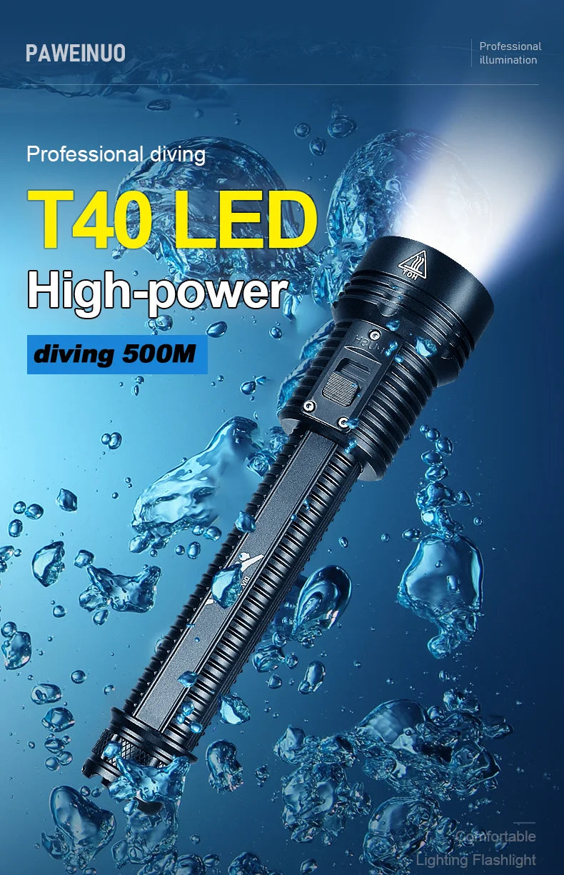 NEW Arrivals Top Quality 600000LM LED Scuba Dive Flashlight Super Bright Professional Diving 500M Underwater Lantern IPX8 Waterproof Fishing Flash Light Water Sports Supplies