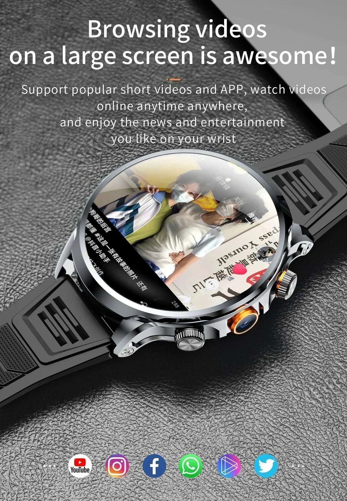 NEW Arrivals GPS Tracker Heart Rate Blood Pressure Multiple Sports Modes and Languages Android Adult Smart Watch 1.95 'AMOLED 8GB+128GB Storage 4G Full Network Google Play WIFI GPS Sim Card