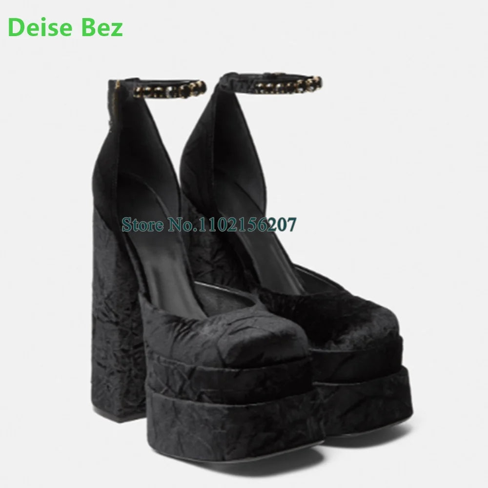 New Arrivals Suede Fabric Paltform Pumps For Female Women Chunky Heel Crystal Ankle Buckle Strap Square Toe Fashion Shoes