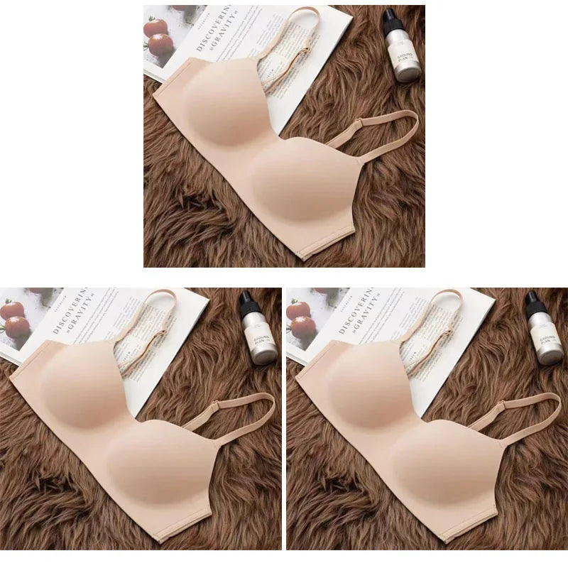 NEW Arrivals 3 PCS Set Black/White/Skin/Brown Color Women's Thin Wireless Bras Girl Seamless Push Up Bra Female Comfortable V-Shaped Underwear Lady Breathable Comfort Lingerie