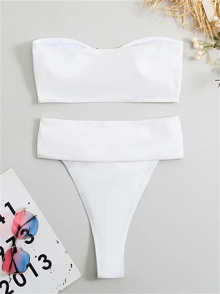 Luxury Metal Designer High Waist Bikinis Sets Women Solid White Black Bandeau Push Up Swimwear Bathing Suit Thong Swimsuit