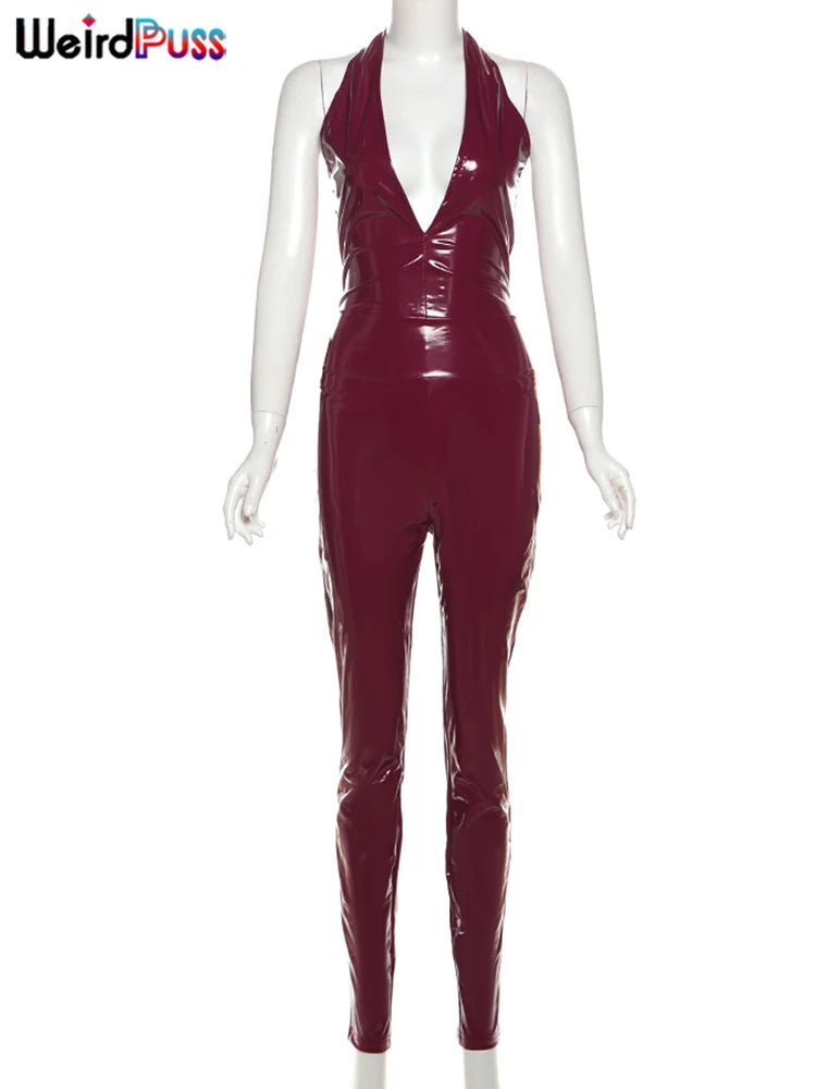 NEW Arrivals Claret PU Leather Set Women Sexy Low-Neck Halter Sleeveless Bodysuit+ Zipper Waist Stretch Pant Night Clubwear Trend Suit Evening Party Girls Sexy Fashion Clothing Supplies