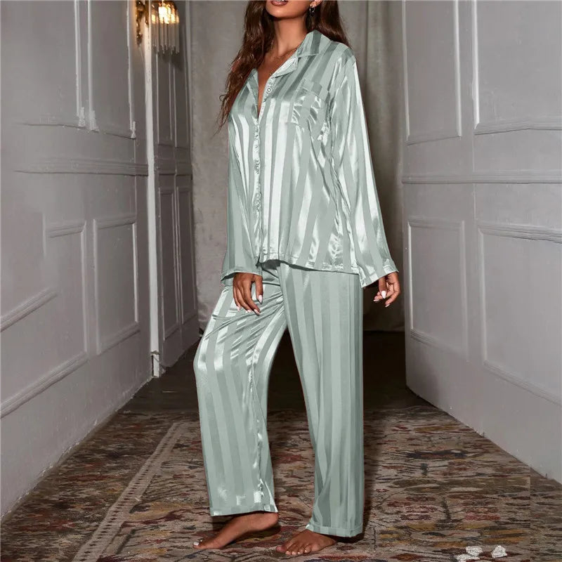 NEW 2PCS Set L-4XL Plus Size 4 Colors Chubby Women's Striped Pajama Set, Solid French Silk Satin Pajamas, Comfortable Home Pajamas