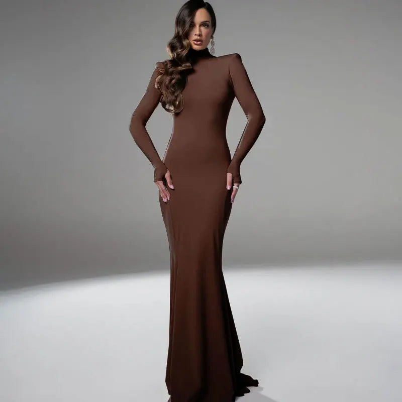 NEW Arrivals Brown/Khaki Color Long Sleeves Women's Evening Dress Elegant Party Spring Autumn Winter Sexy Backless Dress Streetwear Fashion Casual Slim Turtleneck Brown Dress