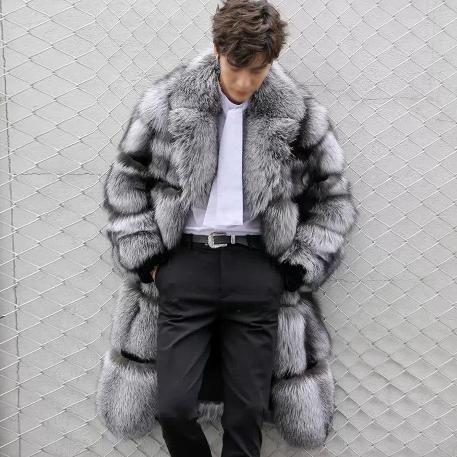 Brand New M-4XL Italian Style 100% MEN Natural Real Sliver Fox Mink Fur Winter Warm Snow Clothes Supplies Male Coat Jacket Long Overcoat European High Quality Outerwear Coats Gifts for Husband Boyfriend Lover Men Luxury Fash