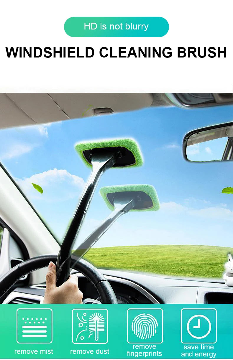 NEW 4PCS Set Car Window Defogging Cleaner Brush Kit Microfiber Windshield Cleaning Tool Auto Interior Glass Wash Wiper Long Handle Reusable Cloth Pads Car Cleaning Accessories