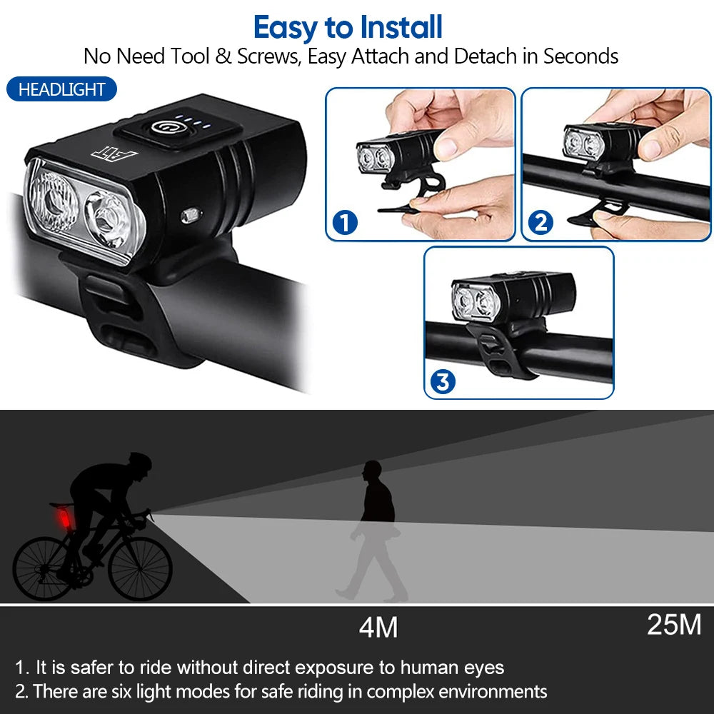 NEW LED Bicycle Front Light Type-C 6 Modes Rechargeable Bicycle Headlight MTB Road Bike Headlamp Easy to Install Cycling Accessories