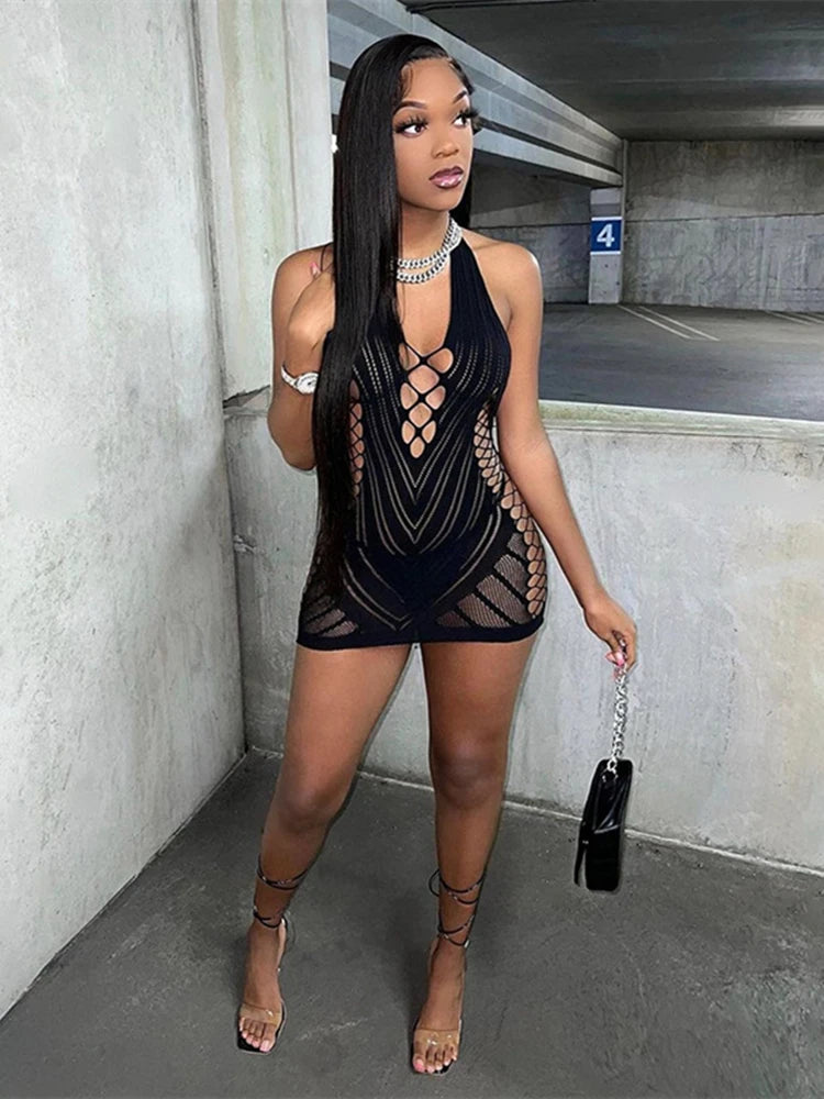 NEW S-2XL UK Size 7 Colors Transparent Lace Sexy Hot Short Dress Backless Hollow Halter Nightgown Sexy Women's Nightwear Nightdress Party Club Mini Dresses