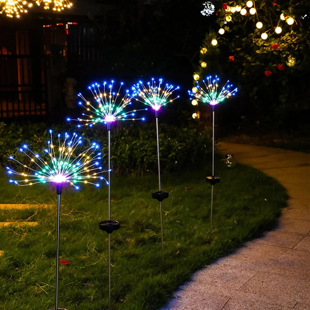NEW 4PCS Set 200LED LED Solar Fireworks Lights Outdoor Grass Globe Dandelion Lamp for Garden Lawn Landscape Lamp Holiday Light