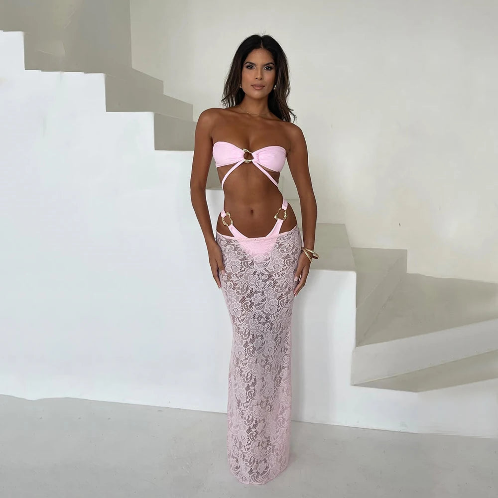 NEW Arrivals 3 PCS Set UK Size Black/White/Pink Bandeau Bikini Suit Sexy Women Swimsuit Swimwear Female Long Dress Brazil Bikini Set Bathing Swimming Suit