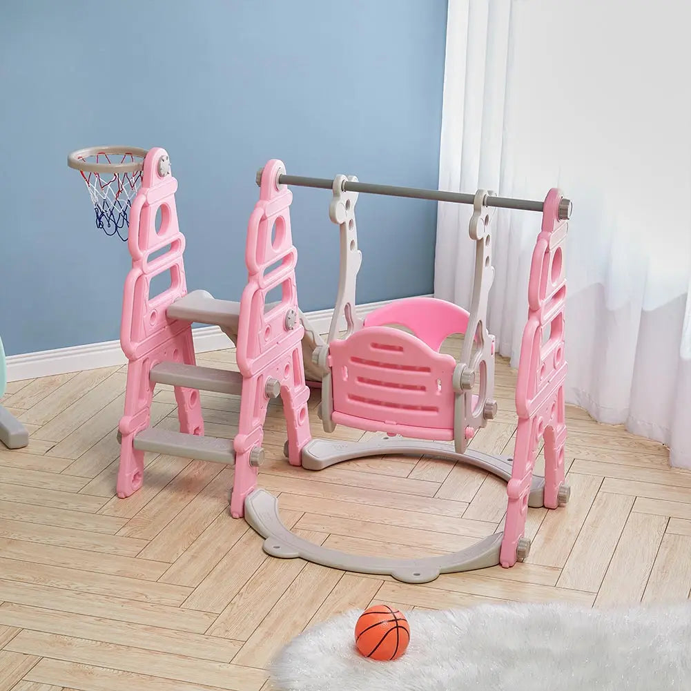 NEW Arrivals Children Toddler Swing and Slide Set with Basketball Hoop Garden Climbing Frame, Outdoor Indoor Large Slide Swing , Pink & Blue Color Kids Sport Games Toys Supplies