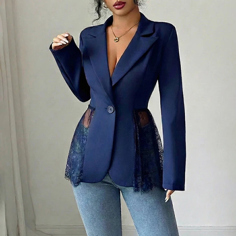 Just Arrived XS(6)- 2XL(18) UK Size 4 Colors Elegant Lace Patchwork Blazer Jacket Women Fashion Notched Collar Long Sleeve One-Button Perspective Sexy Versatile Suit Coat