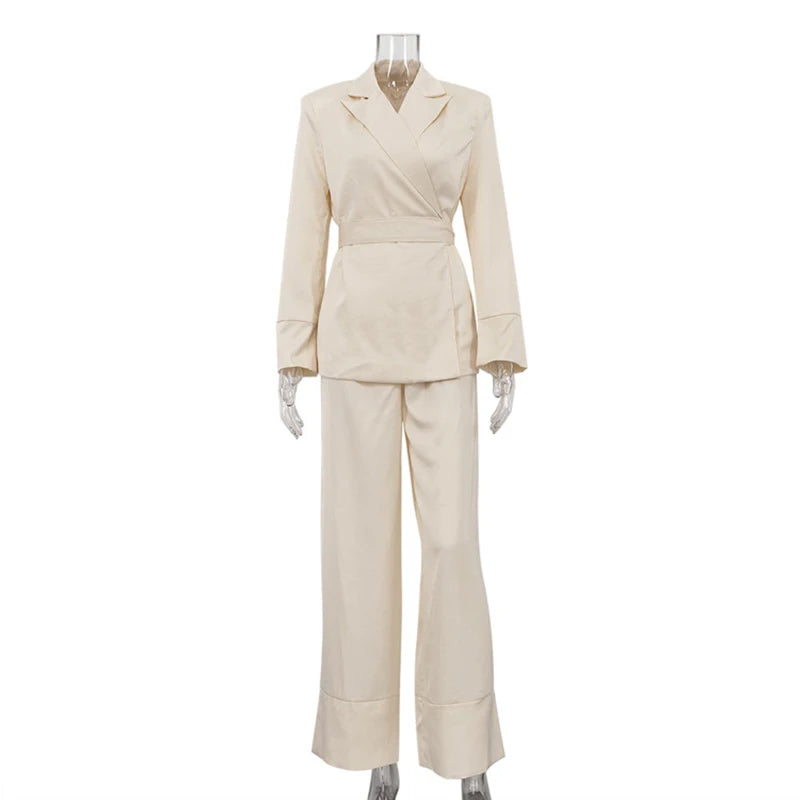 NEW 2PCS Set S-XL UK Size Elegant Beige Satin Trousers Business Office Lady Formal Outfit Spring Women V-Neck Long Sleeved Lace Up Top +High Waist Loose Wide Leg Pants Female Ladies Luxury Fashion Clothing Supplies