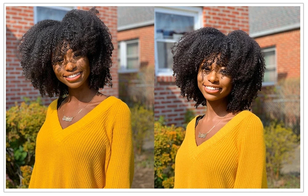 NEW Blonde and Afro Kinky Curly Bob 8-16Inc 180-250 Density Wig Human Natural Hair Machine Made Glueless Wig With Bangs Brazilian Ombre Blonde and Black Short Bob Wigs Human Hair