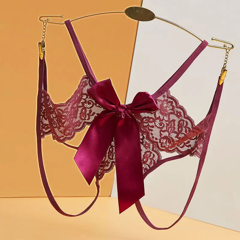 Hot Sale Women's Sexy Hollow Out Thong Lingerie Open Crotch Underwear Lady's Crotchless Lace Panties With Bow Plus Size M - XXL