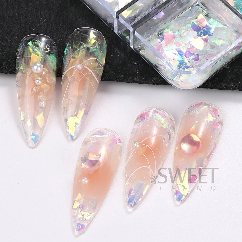 6 Grids AB Iridescent Nail Glitter Flakes Irregular Aurora Sparkle Sequin Crystal Glass Fairy Paillette DIY Manicure Decor Slice