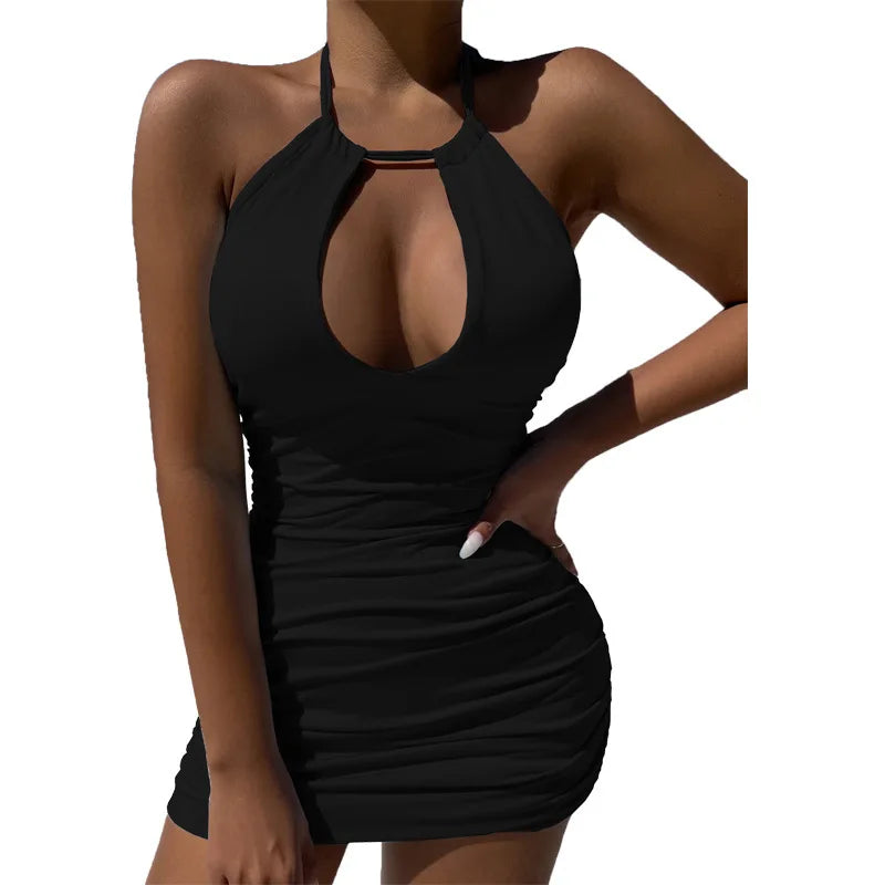 NEW Arrivals S-2XL 6 Colors Hollow Out Pleated Halter Mini Dress Casual Slim Fashion New Backless Women Sexy Bodycon Dress Elegant Summer Beach Bar Party Night Clubwear Dresses