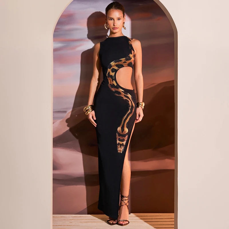 Women Summer New Snake Print Sexy Slim High Slit Long Dresses Hollow Out Sleeveless Sexy Party Dress Club Cloth