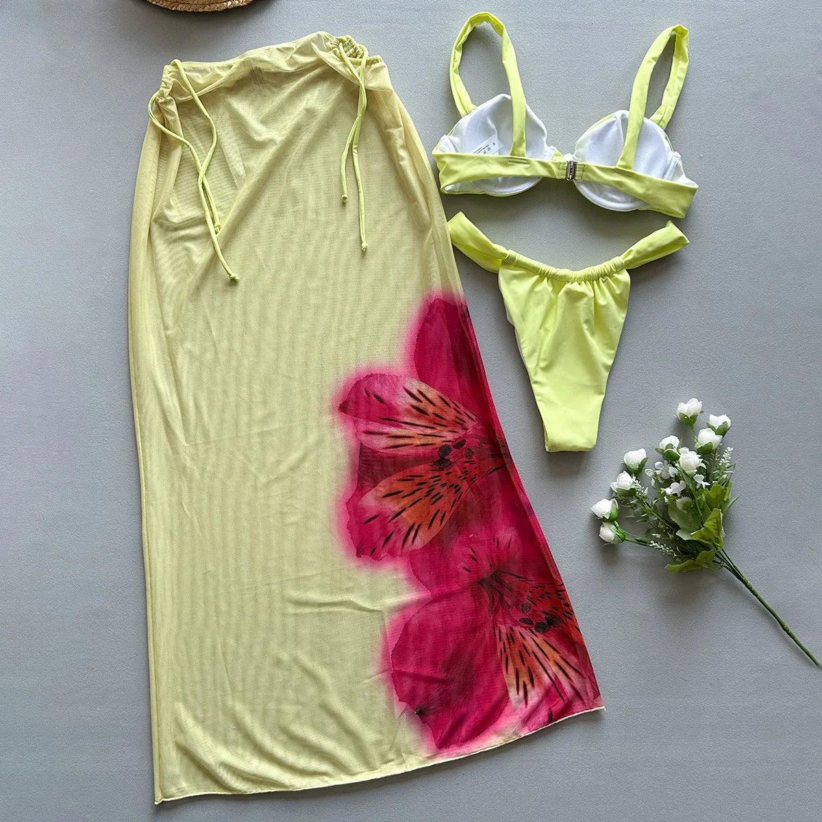 NEW Arrivals 3 PCS Set UK Size Sexy Swimwear Bikinis Women Swimwear Female Long Dress Cover-Up Bikini Set Beachwear Bathing Suit Ladies Sexy Swimming Suit