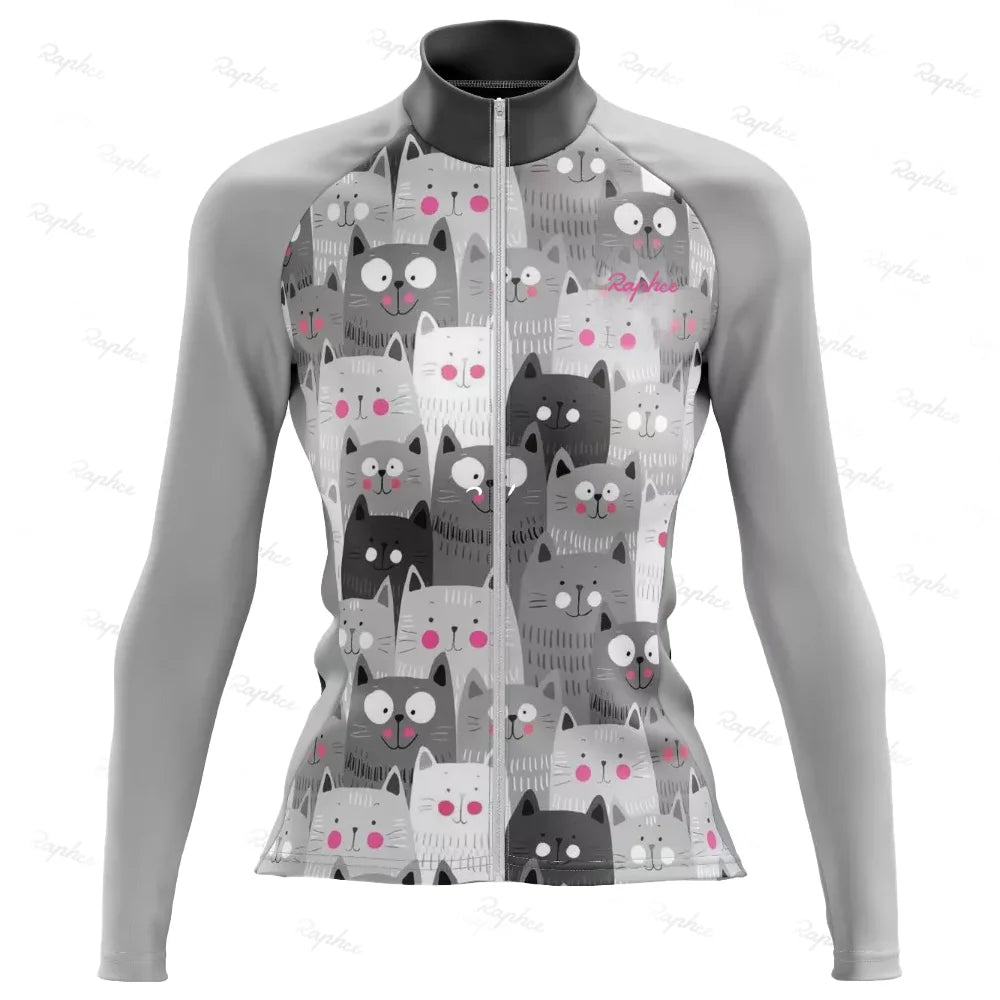 NEW Arrivals S-3XL Plus Size Long-Sleeved Road Bike Cat Pattern Cycling Jersey + Leggings Summer Quick-Drying Breathable Slim Cycling Long-Sleeved Cycling Jersey Women Sports Apparel Supplies